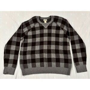 LL Bean Mens Buffalo Plaid Cotton Cashmere Crewneck Sweater Brown Grey Large